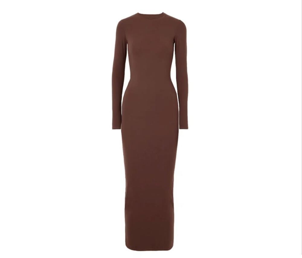 SKIMS Fits Everybody Crew Neck Long Sleeve Maxi Dress | Cocoa | Small